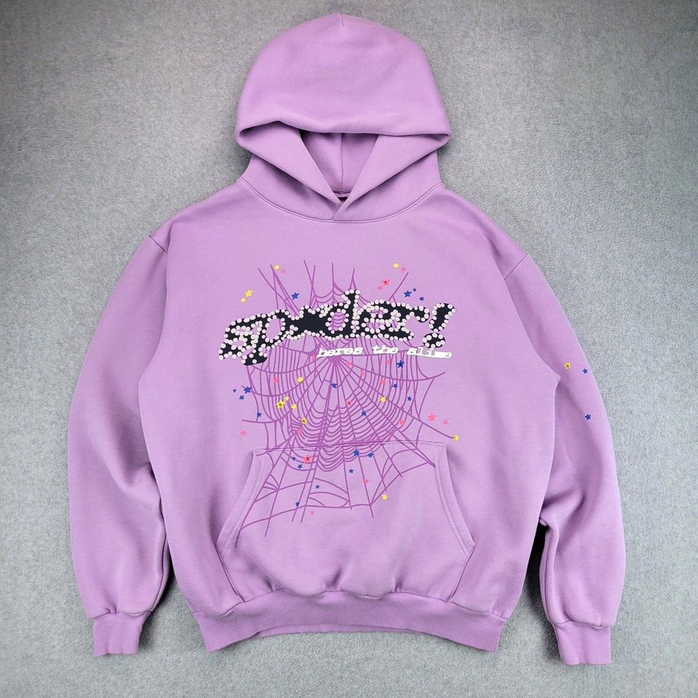 Sp5der Worldwide Hoodie Mens L Acai Purple Spider Web Graphic Slime Streetwear